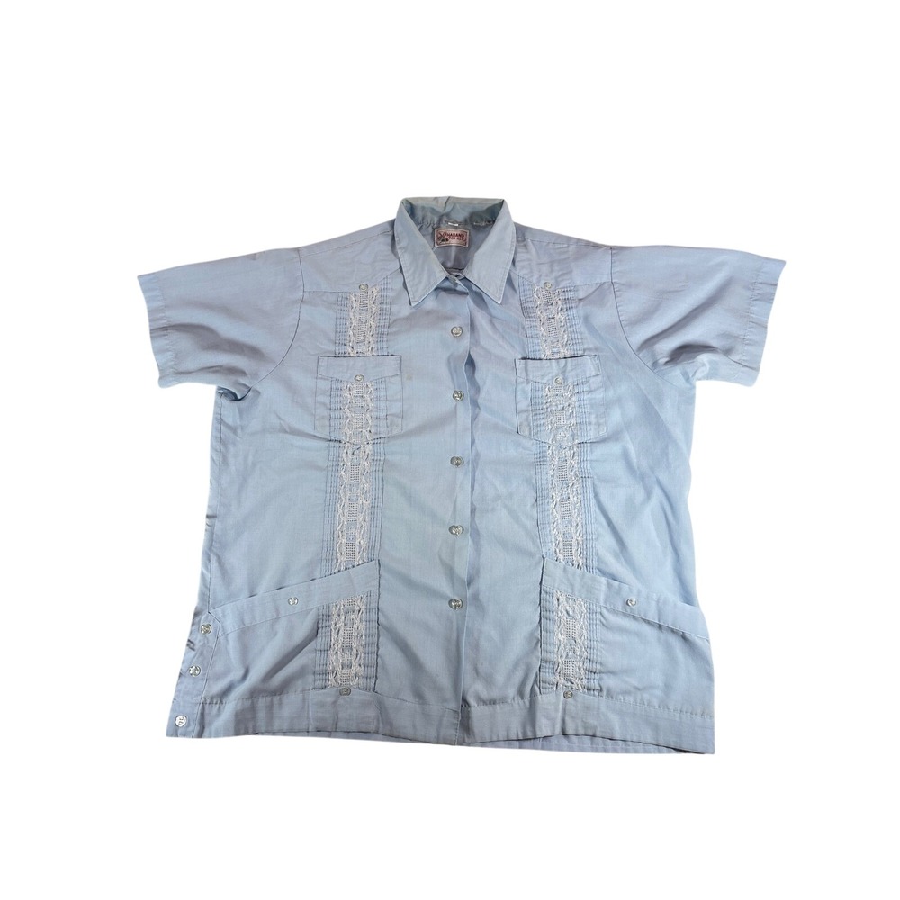 Haband for Her Light Blue Guayabera Shirt Short‎ Sleeve Embroidered Size 42